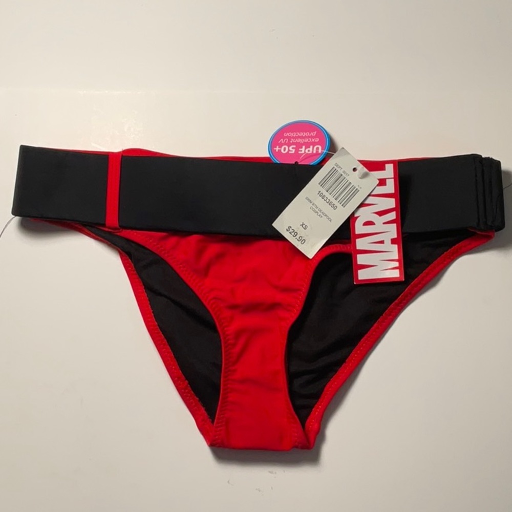 B2 Hot Topic Swim Bikini Bottom Deadpool Cosplay Red Black Size XS